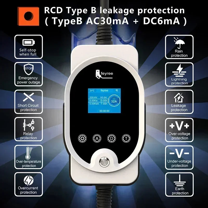 Fey123-Boîtier de charge pour véhicule électrique, prise EV, 7KW, 32A, réglable, version Bluetooth, ensemble de temps de charge, EVSE