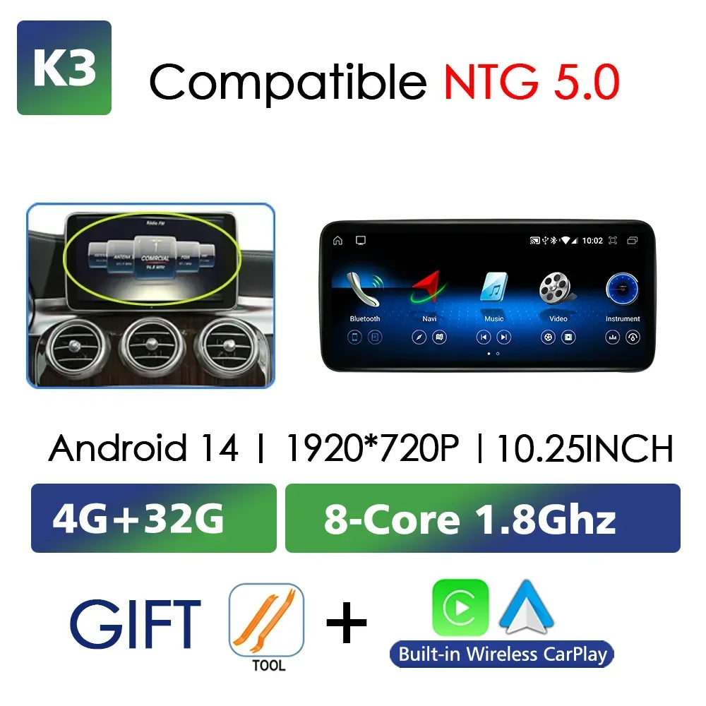 Android 14 sans fil CarPlay pour Mercedes Benz classe C W205 écran Android Auto multimédia Navigation GPS SWC DSP 4G WiFi