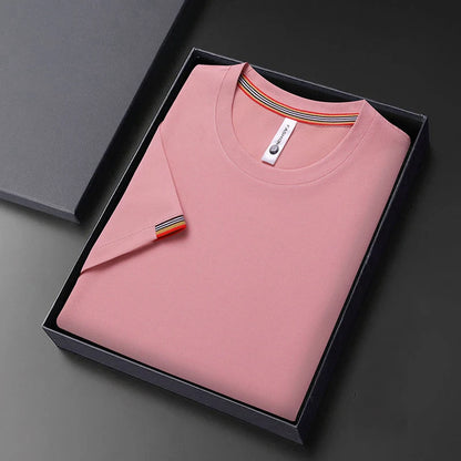 T-shirt à Manches Courtes pour Homme, Col Rond, Solide, avec Poignets Brodés, à la Mode, Confortable, Respirant et artificiel astique