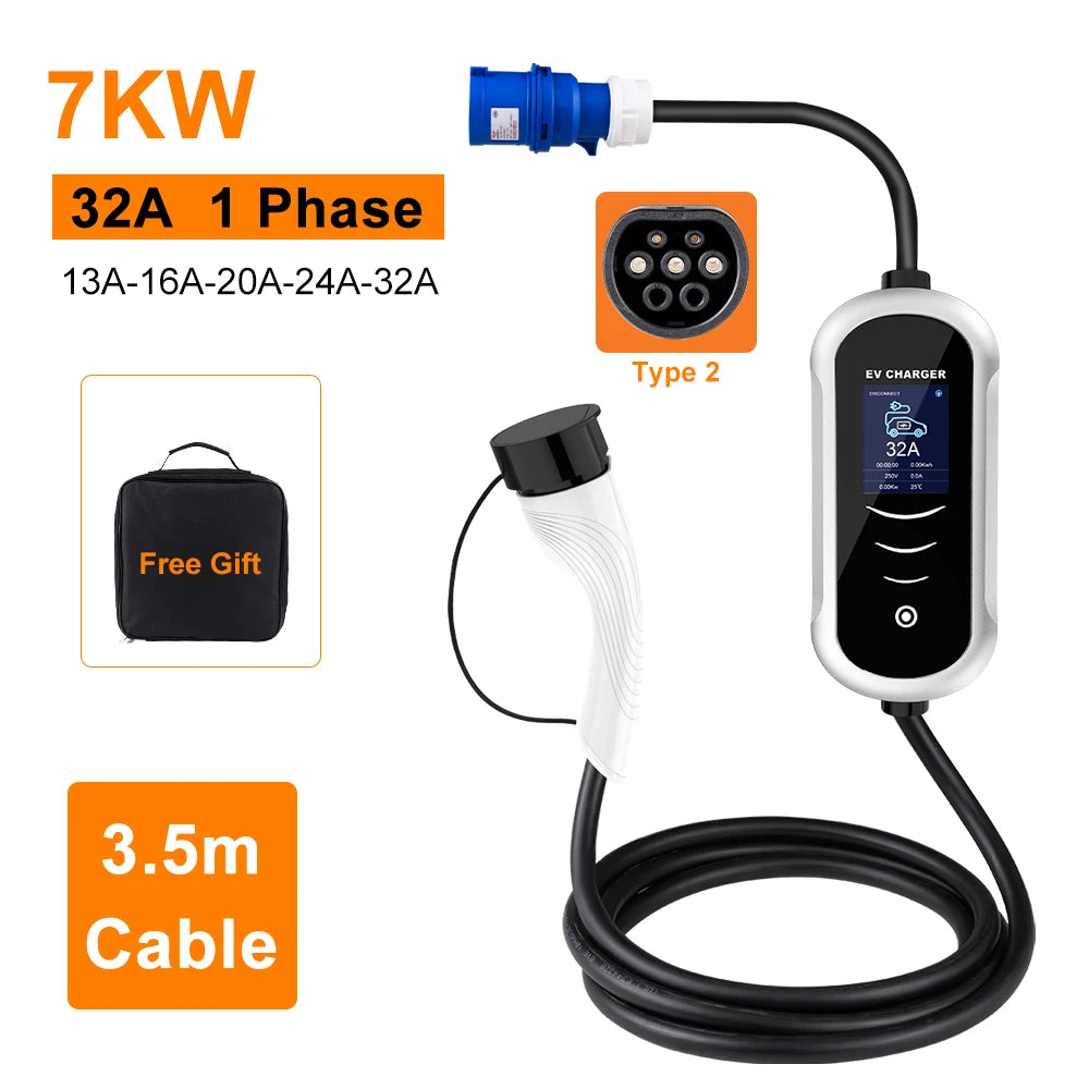IPENGEN Portable EV chargeur Wallbox Type2 câble 32A 7KW prise CEE EVSE Type1 boîte de charge j1772 adaptateur pour voiture de véhicule électrique