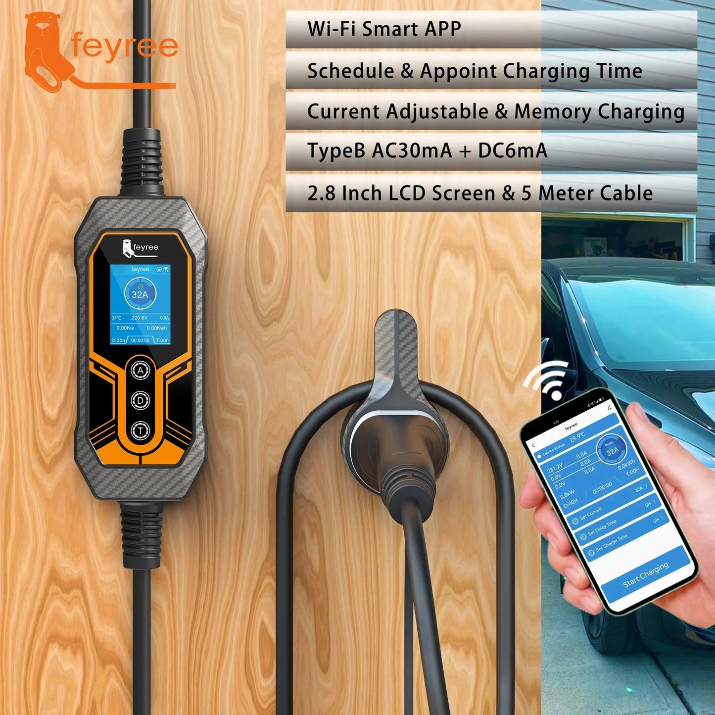 شاحن Feyree EV محمول من النوع 2 بقدرة 32 أمبير 7 كيلو واط EVSE تحكم بتطبيق Wi-Fi تيار قابل للتعديل شحن ذكي مؤقت للاستخدام المنزلي والخارجي