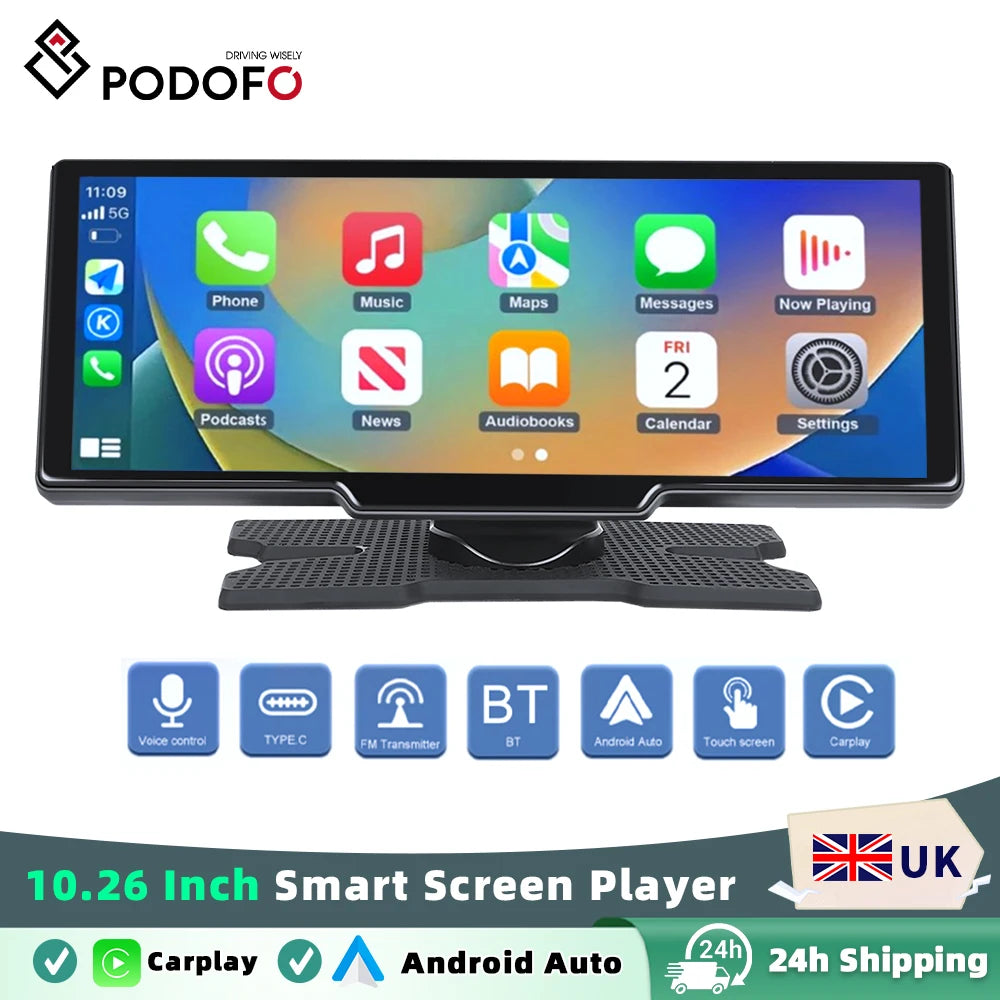 Podofo sans fil Carplay Portable tableau de bord numérique Android Auto 10.26 pouces lecteur intelligent avec commande vocale 1080P BT TF