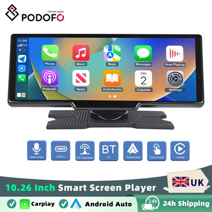 Podofo sans fil Carplay Portable tableau de bord numérique Android Auto 10.26 pouces lecteur intelligent avec commande vocale 1080P BT TF