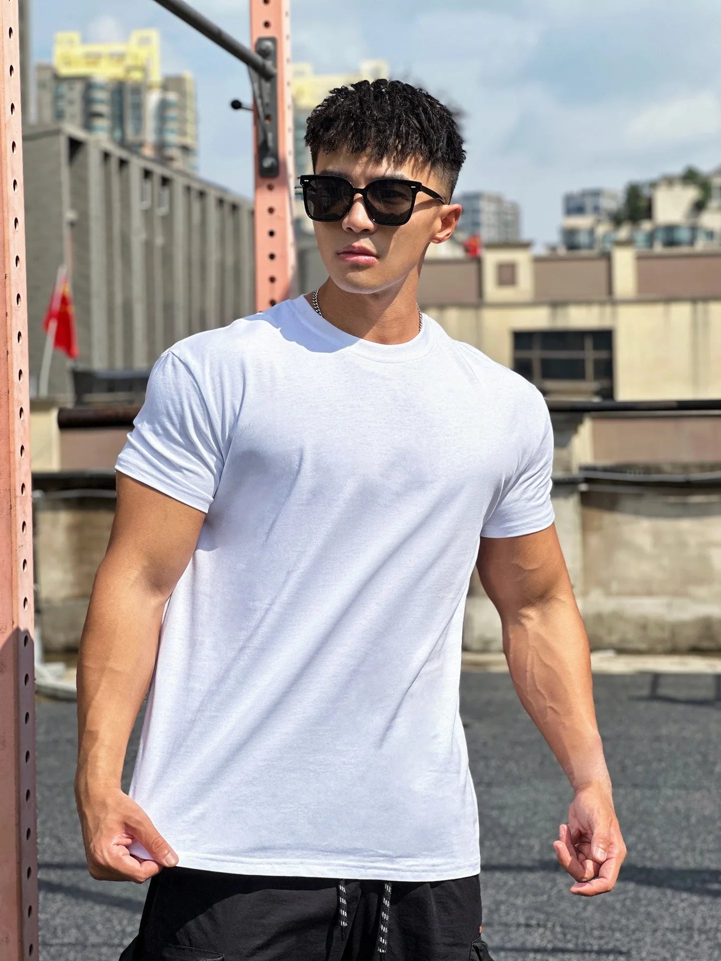 T-shirt de sport musculaire à manches courtes pour hommes, blanc, coton, fitness, basket-ball, course à pied, entraînement, élastique, automne