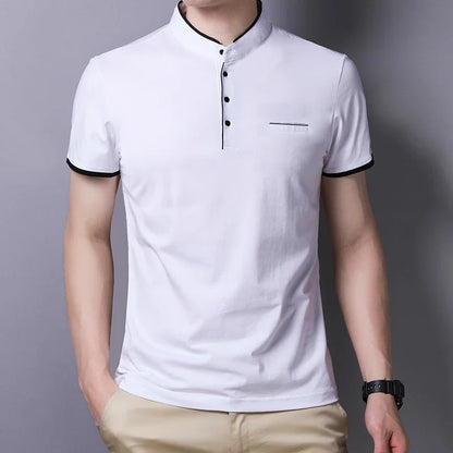 2025 nouveaux hommes décontracté et à la mode couleur unie à manches courtes col montant T-shirt été polyvalent et confortable haut