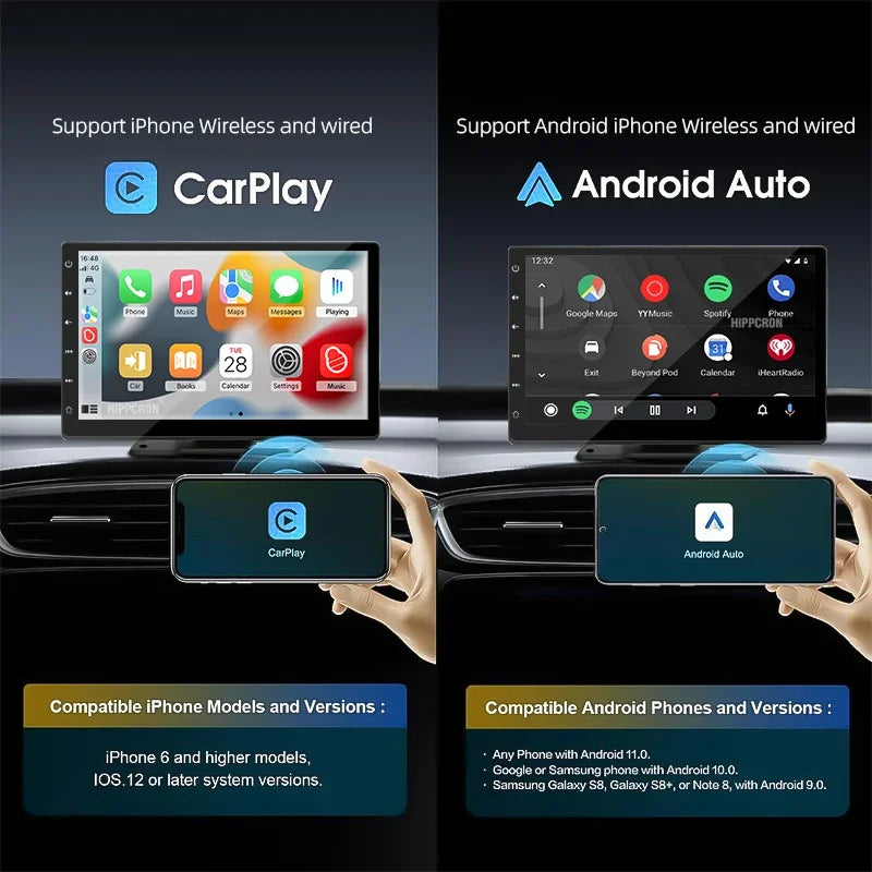 Hipppcron 9 "Radio de voiture Portable lecteur vidéo multimédia sans fil CarPlay et Android Auto IPS écran tactile BT USB TF entrée AUX