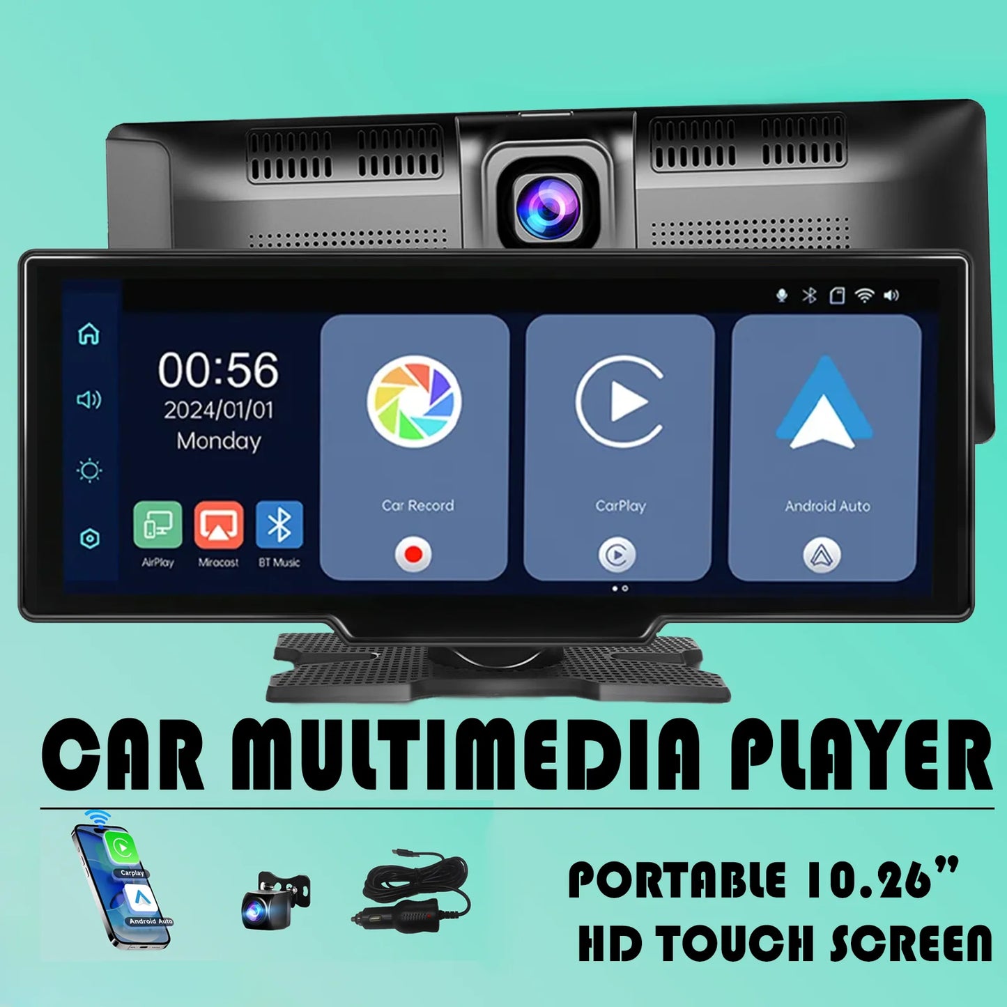 Caméra embarquée 10,26 pouces 2K, écran sans fil CarPlay et Android Auto, caméra de recul BYLITU, double objectif, DVR, WiFi, GPS, navigation, enregistreur vidéo