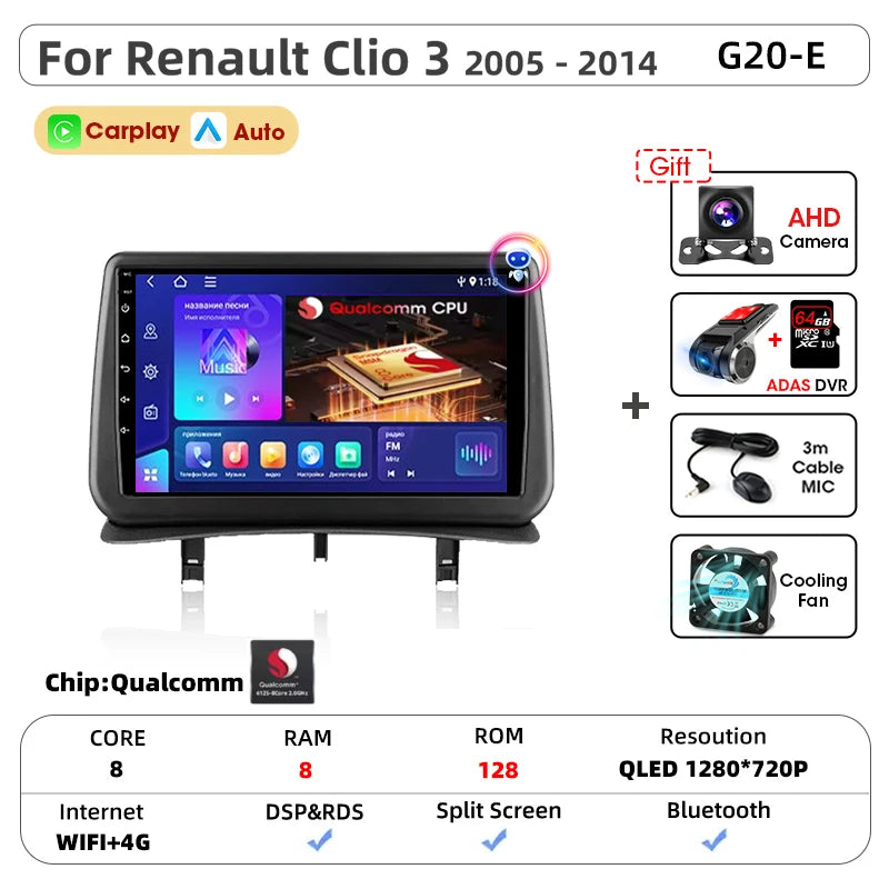 Srnubi CarPlay autoradio lecteur multimédia pour Renault Clio 3 2005 2006 2007 2008 2009 2010-2014 Android Auto GPS 2din autoradio