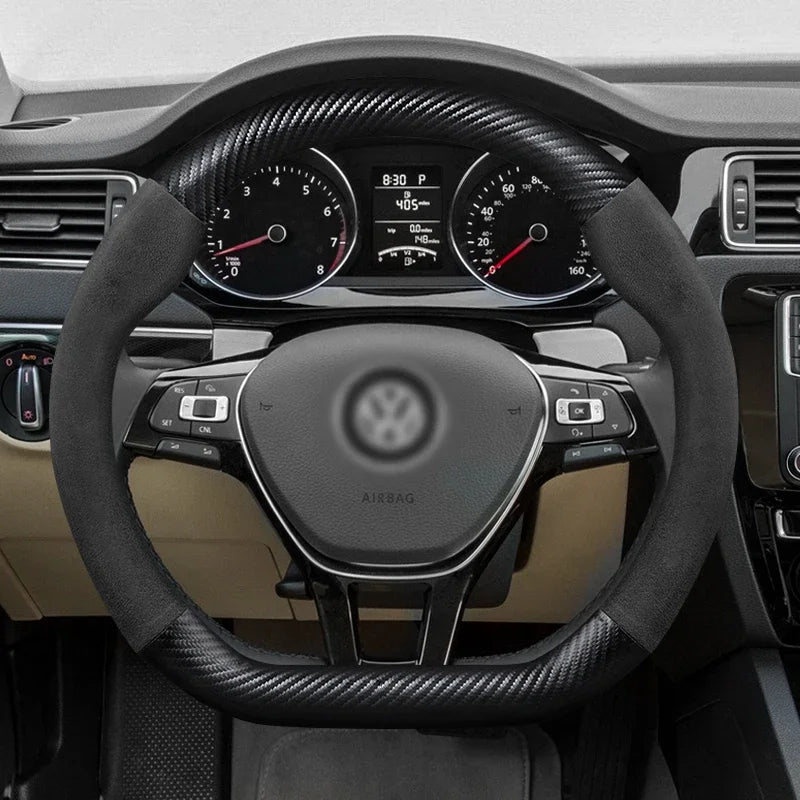 Juste de volant en cuir véritable pour Volkswagen, fibre de carbone, compatible avec VW CC Polo Bora Golf Jetta Lavida Lamando Magotan Passat