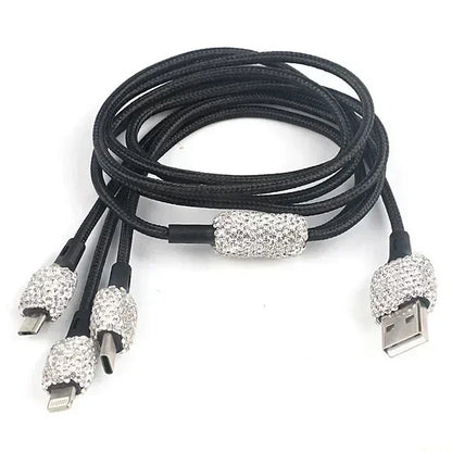Chargeur de voiture USB rose cristal diamant 5V 2,1 a, double Port, adaptateur de charge rapide, câble 3 en 1 pour IPhone Samsung Huawei