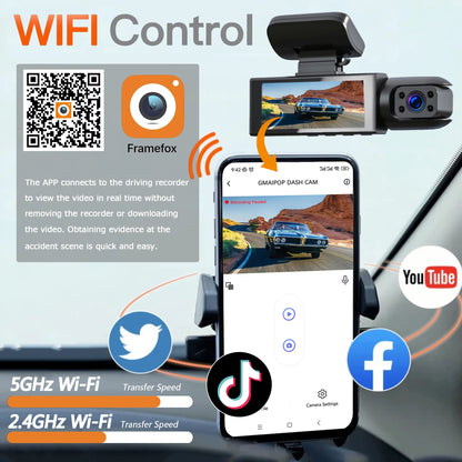 Caméra de tableau de bord pour touristes, caméra de voiture, avant et intérieur, vision nocturne IR, boucle statique, grand angle, DVR, WiFi, 1080P