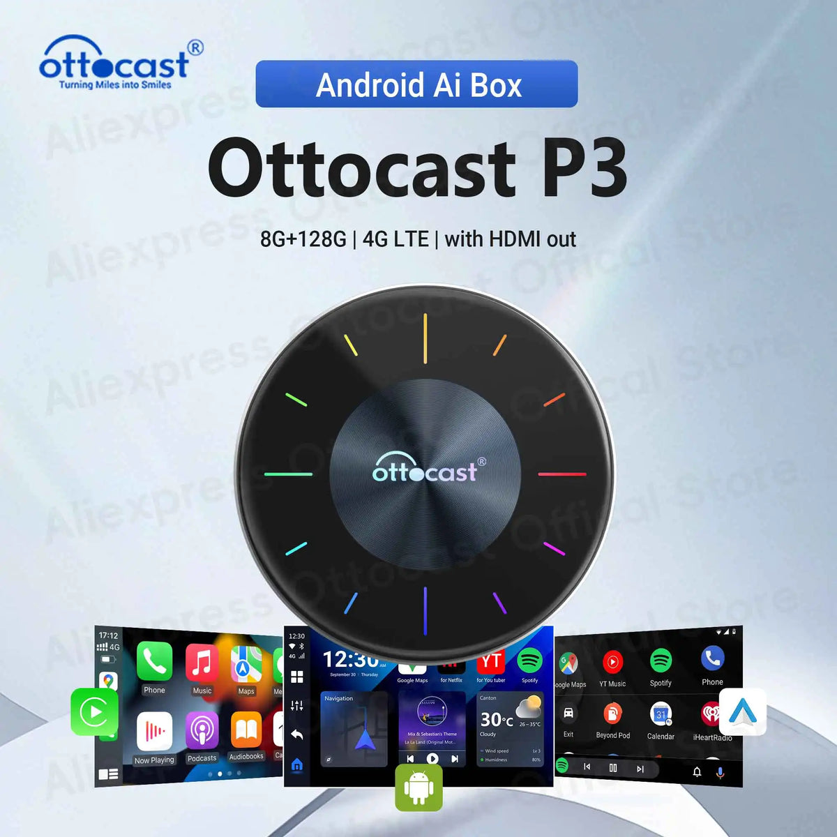 OTTOCAST P3 Android AI Box sans fil CarPlay Android Auto 128GB TV Box pour sortie HDMI accessoires de voiture pour Audi VW Chervolet Kia