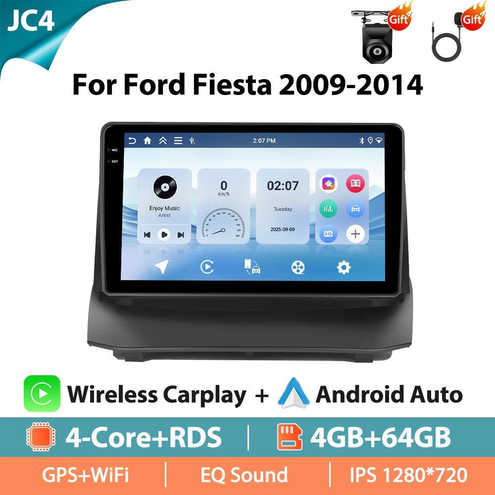 Autoradio Hikity 9 pouces 4G pour Ford Fiesta 2009-2014, lecteur multimédia vidéo, Carplay, Android Auto, 8 cœurs, WIFI, 4G, GPS, Mirrorlink, BT