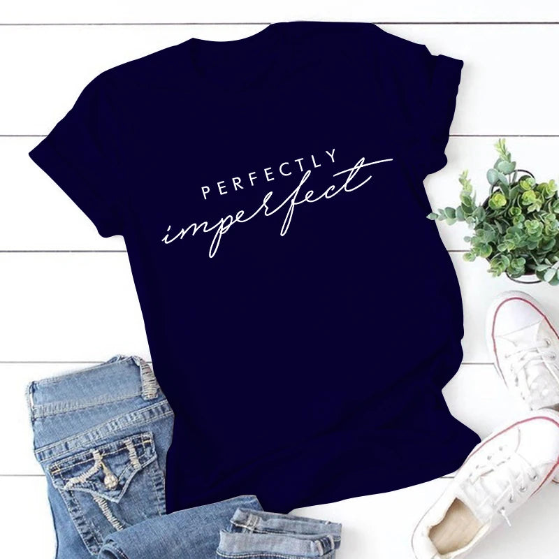 T-shirt à Manches Courtes pour Homme et Femme, Décontracté, Parfaitement Imparfait, Lettre Imprimée, Drôle, à la Mode