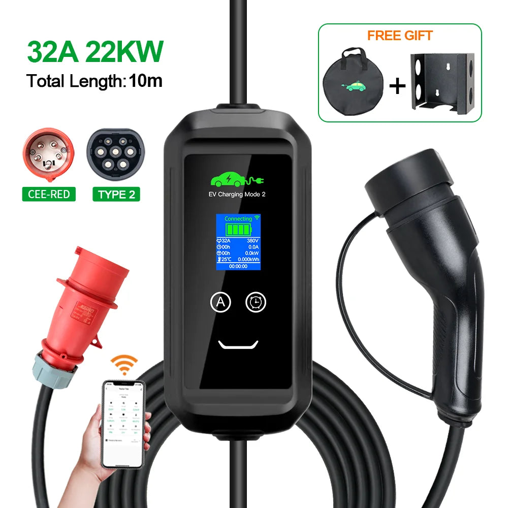 ISIGMA chargeur EV Portable 32A 22kw Type2 IEC62196-2 Tuya APP EVSE charge 10M câble Type2 prise boîte murale pour voiture électrique