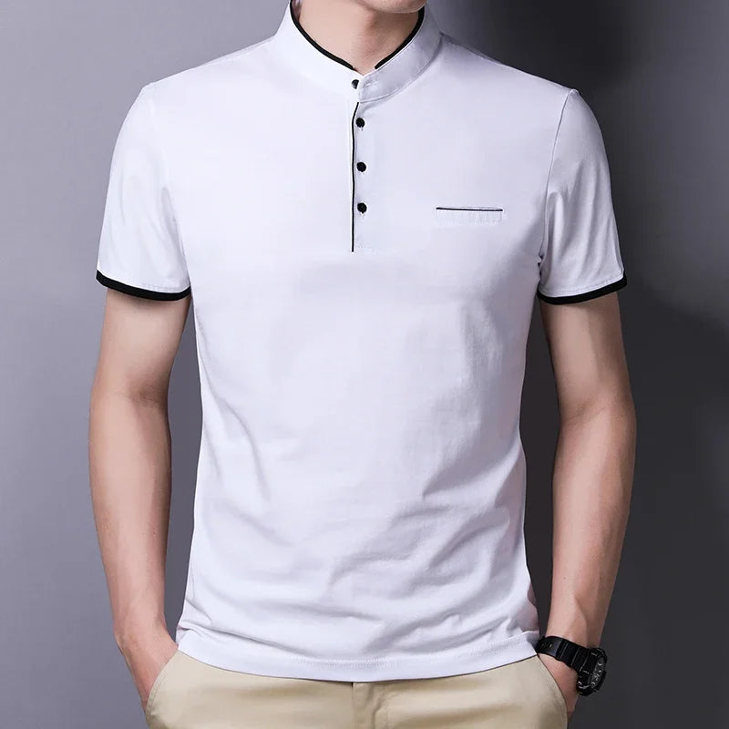 2025 nouveaux hommes décontracté et à la mode couleur unie à manches courtes col montant T-shirt été polyvalent et confortable haut