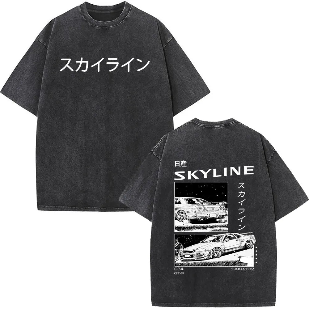Anime Initial D Drift AE86 lavé Vintage imprimé T-shirt RX-7 R34 horizon GTR JDM T-shirts hommes Harajuku confortable surdimensionné T-shirts
