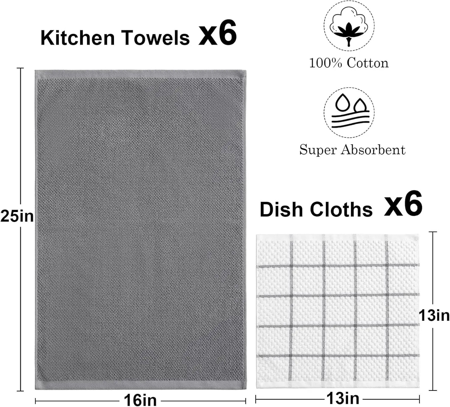 Ensemble de 12 torchons et chiffons de cuisine en coton, doux et absorbants, 16x25 pouces et 13x13 pouces pour la maison