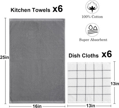 Ensemble de 12 torchons et chiffons de cuisine en coton, doux et absorbants, 16x25 pouces et 13x13 pouces pour la maison