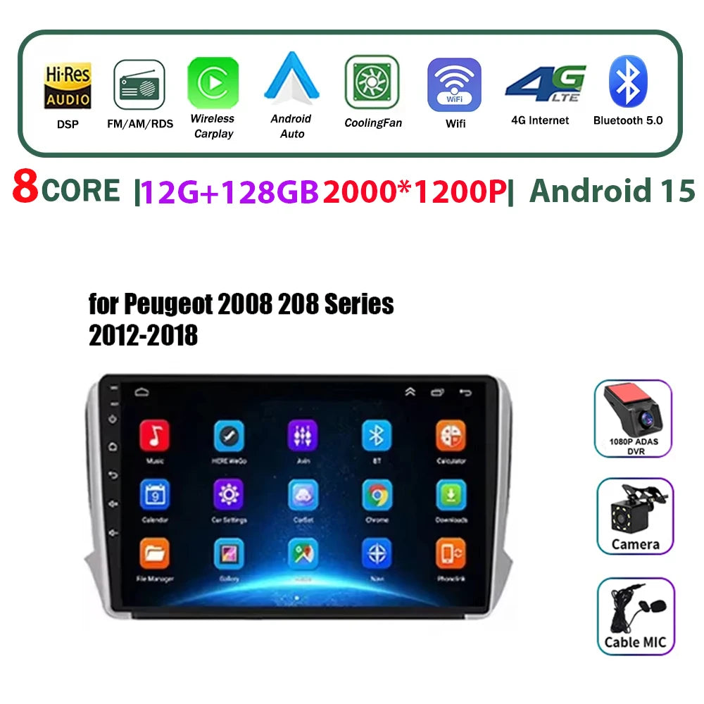 Autoradio multimédia Android 16 pour Peugeot 2008 208 Série 2012-2018 Lecteur Navigation GPS CarPlay sans fil Radio DVD Unité principale