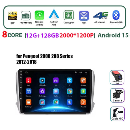 Autoradio multimédia Android 16 pour Peugeot 2008 208 Série 2012-2018 Lecteur Navigation GPS CarPlay sans fil Radio DVD Unité principale