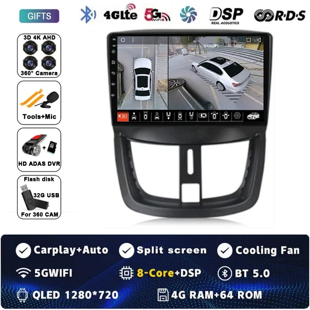 Autoradio Android 15 pour Peugeot 207 CC 207CC 2006 - 2015 sans fil Carplay Android Auto stéréo lecteur multimédia WiFi 4G 2 Din