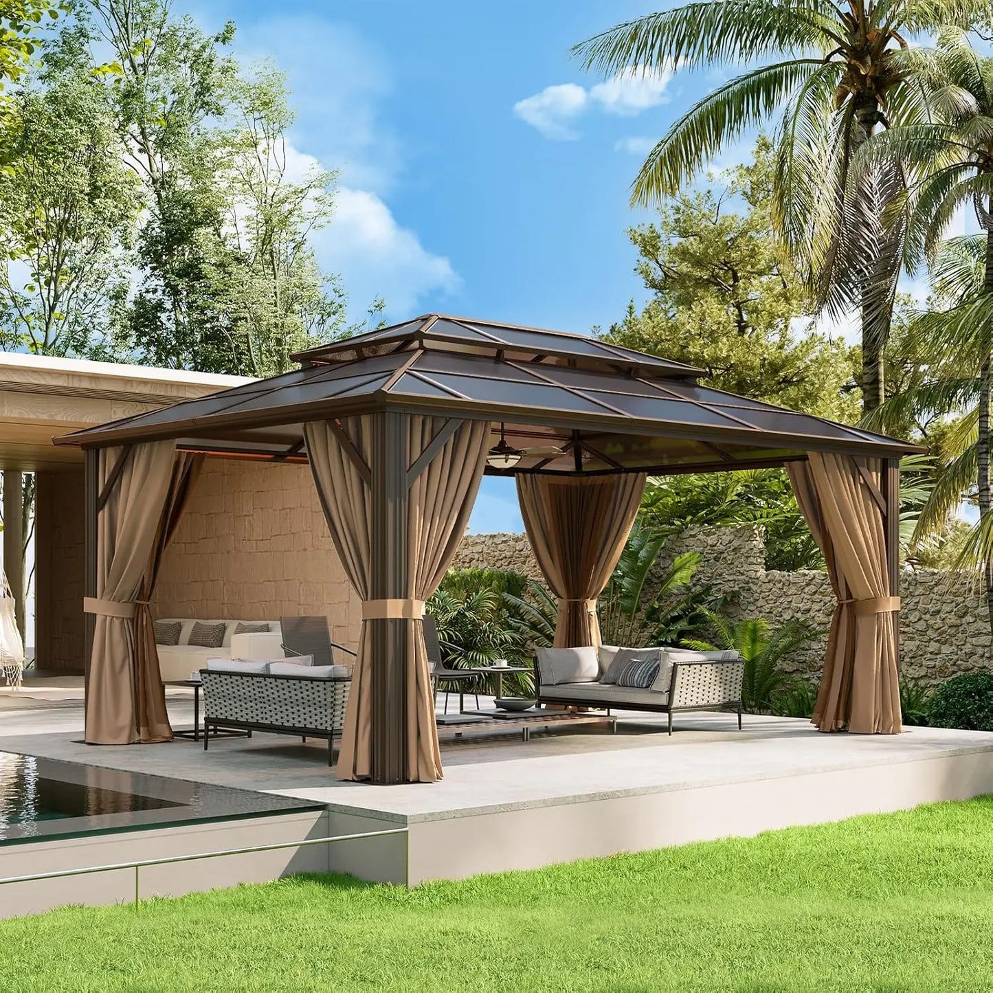 Gazebo à toit rigide en aluminium 12x16 avec rideaux et moustiquaire, toit double en polycarbonate pour jardin, pelouse, terrasse, sur mesure