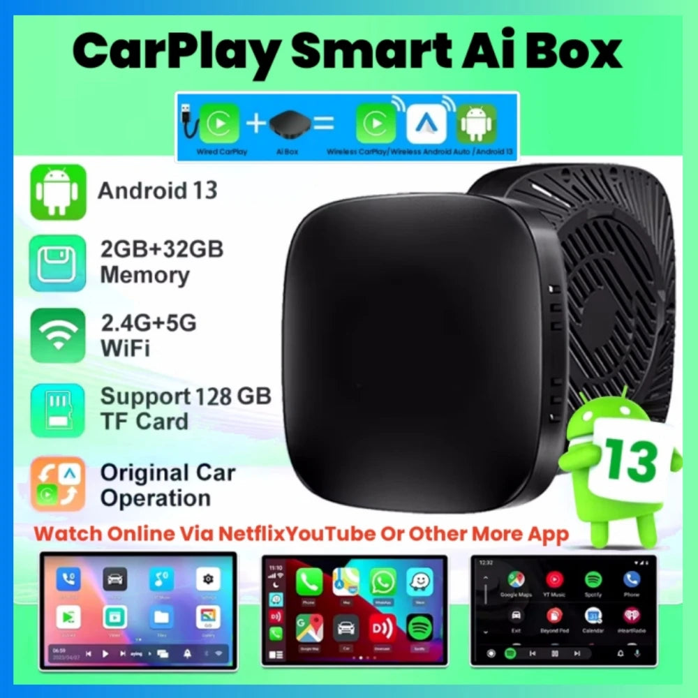 Android 13 Carplay Box, Smart TV Box sans fil, système intelligent de voiture, prise en charge WiFi, Netflix prometteur, Auto, 2G + 32G, 2024