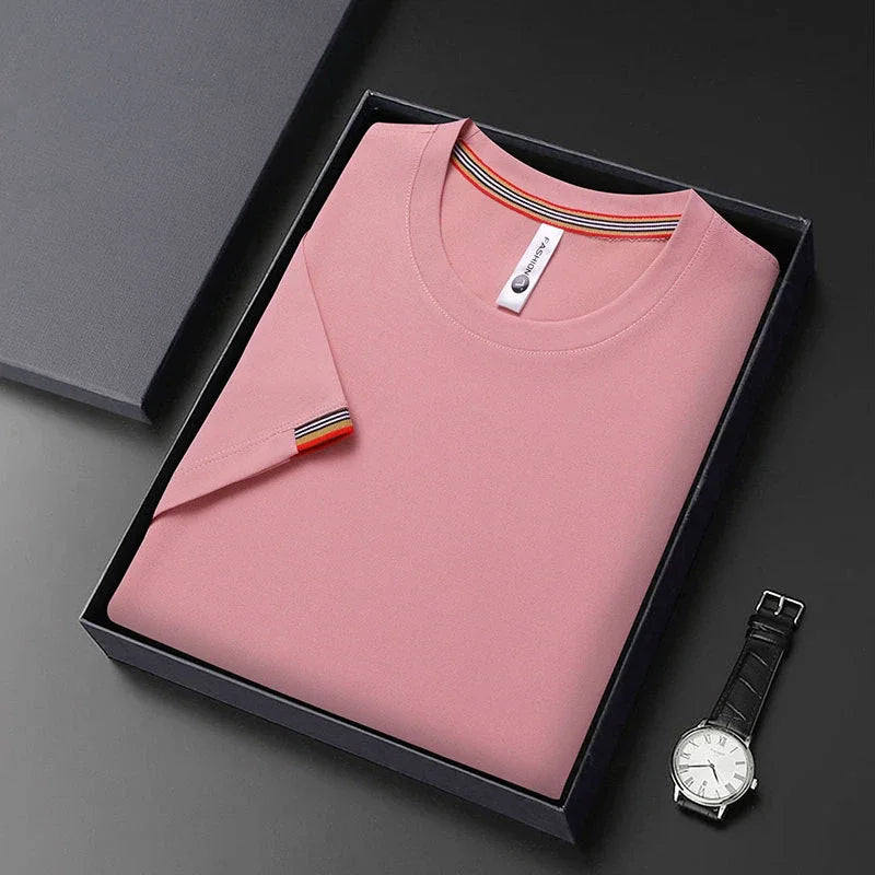 T-shirt à Manches Courtes pour Homme, Col Rond, Solide, avec Poignets Brodés, à la Mode, Confortable, Respirant et artificiel astique