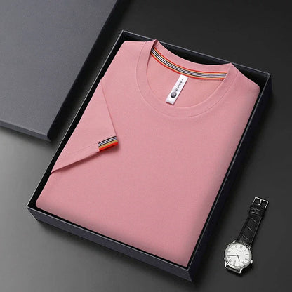 T-shirt à Manches Courtes pour Homme, Col Rond, Solide, avec Poignets Brodés, à la Mode, Confortable, Respirant et artificiel astique