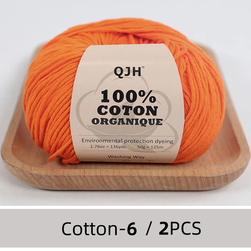 QJH Fil 100% coton biologique, fil pour tricoter, crochet et artisanat, paquet de 2 - 1,76 oz/136 mètres/1 pièce, léger, Dk