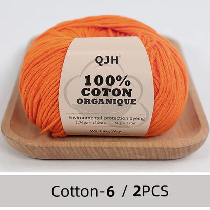QJH Fil 100% coton biologique, fil pour tricoter, crochet et artisanat, paquet de 2 - 1,76 oz/136 mètres/1 pièce, léger, Dk