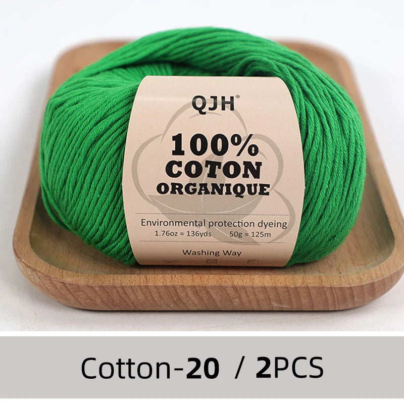 QJH Fil 100% coton biologique, fil pour tricoter, crochet et artisanat, paquet de 2 - 1,76 oz/136 mètres/1 pièce, léger, Dk
