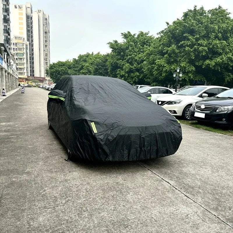 Juste de voiture noire extérieure complète, pare-soleil automatique, protection anti-poussière avec bandes de coulée, universelle pour URA, berline arrière, SUV