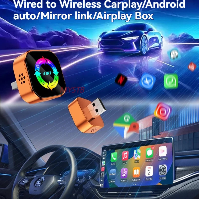 Adaptateur Carplay 4 en 1 pour voiture sans fil, pour Apple Android, connexion automatique, lien miroir, écran Airplay, WiFi, Bluetooth 2026, mise à niveau Carplay