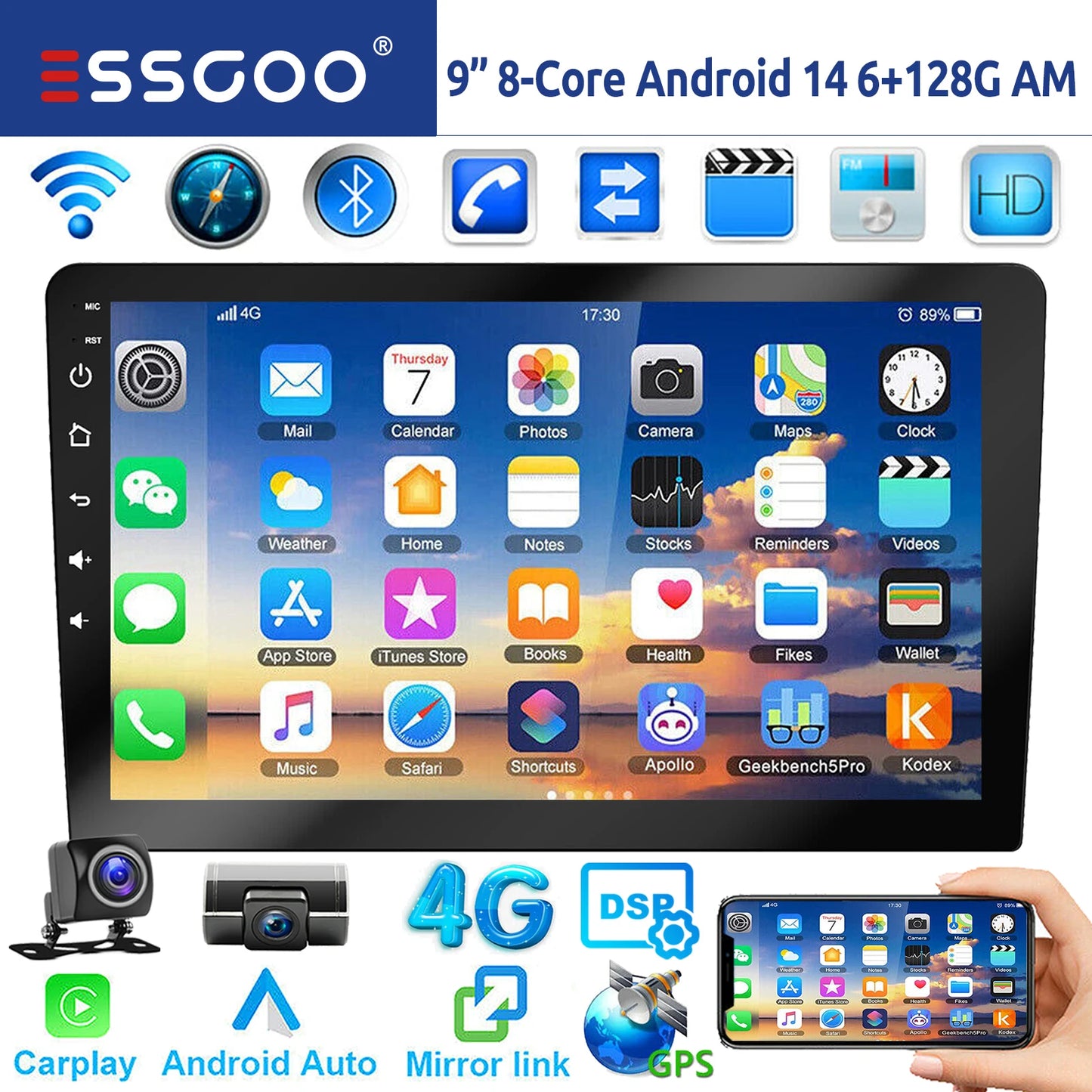 ESSGOO 7"/9"/10“ 2 DIN Android 14 8-Core 6+128G Autoradio Sans Fil Apple Carplay Android Auto GPS Navigation Bluetooth AM FM RDS WIFI Écran Tactile QLED 4G LTE USB Mirror Link Equalizer Commande au Volant