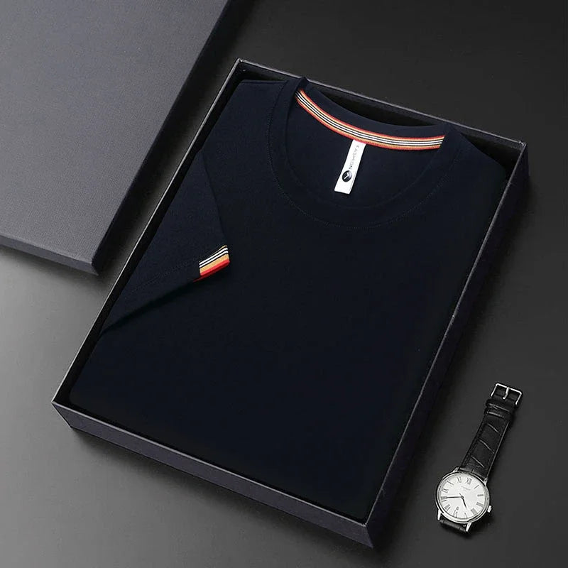 T-shirt à Manches Courtes pour Homme, Col Rond, Solide, avec Poignets Brodés, à la Mode, Confortable, Respirant et artificiel astique