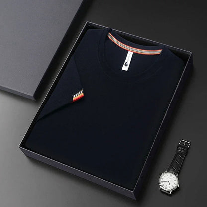 T-shirt à Manches Courtes pour Homme, Col Rond, Solide, avec Poignets Brodés, à la Mode, Confortable, Respirant et artificiel astique