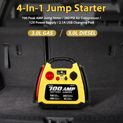 Démarreur de saut de voiture 12 V avec compresseur d'air, pic 700 A, centrale électrique portable pour moteurs 5,0 L, lumière LED