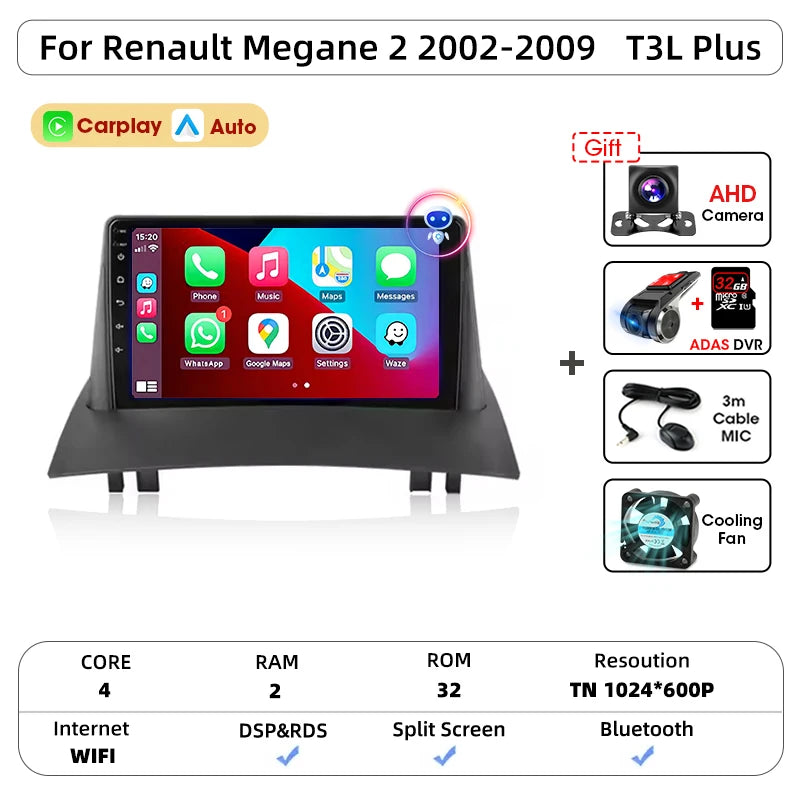 Android Carplay Auto pour Renault Megane 2 2002 2003 2004 2005 2006 2007 2008 2009 lecteur d'autoradio multimédia WIFI + 4G stéréo