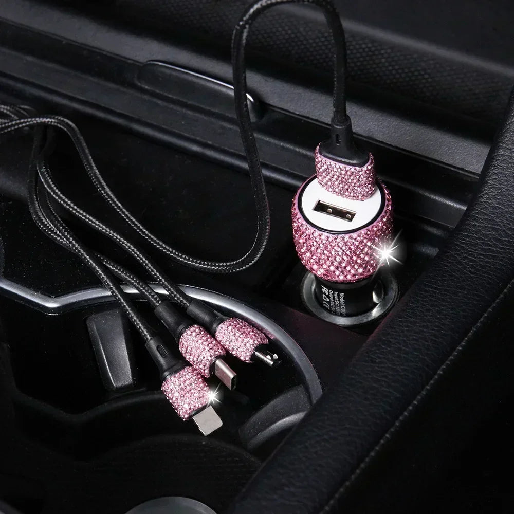 Chargeur de voiture USB rose cristal diamant 5V 2,1 a, double Port, adaptateur de charge rapide, câble 3 en 1 pour IPhone Samsung Huawei