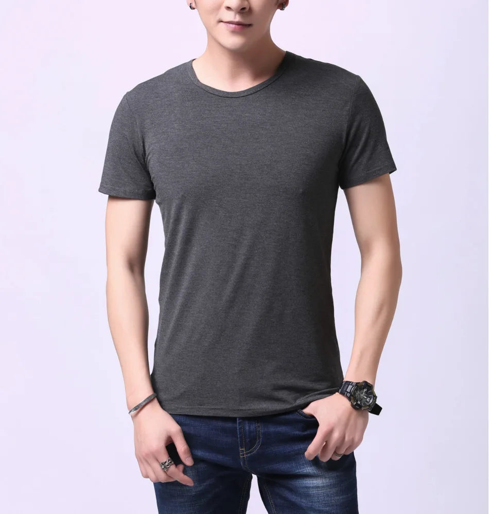 T-Shirt en Fibre de Bambou pour Homme, Confortable, Respirant, Col Ras du Cou, Slim, Manches Courtes, Solide, Décontracté, Été, Lot de 5