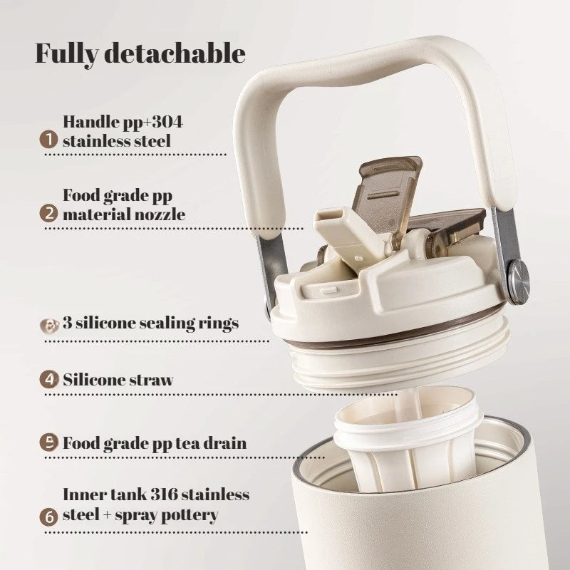 Gobelet à revêtement en céramique de 800ml, avec paille, bouteille d'eau isolée de grande capacité, étanche, poignée détachable, infuseur à thé pour voyage