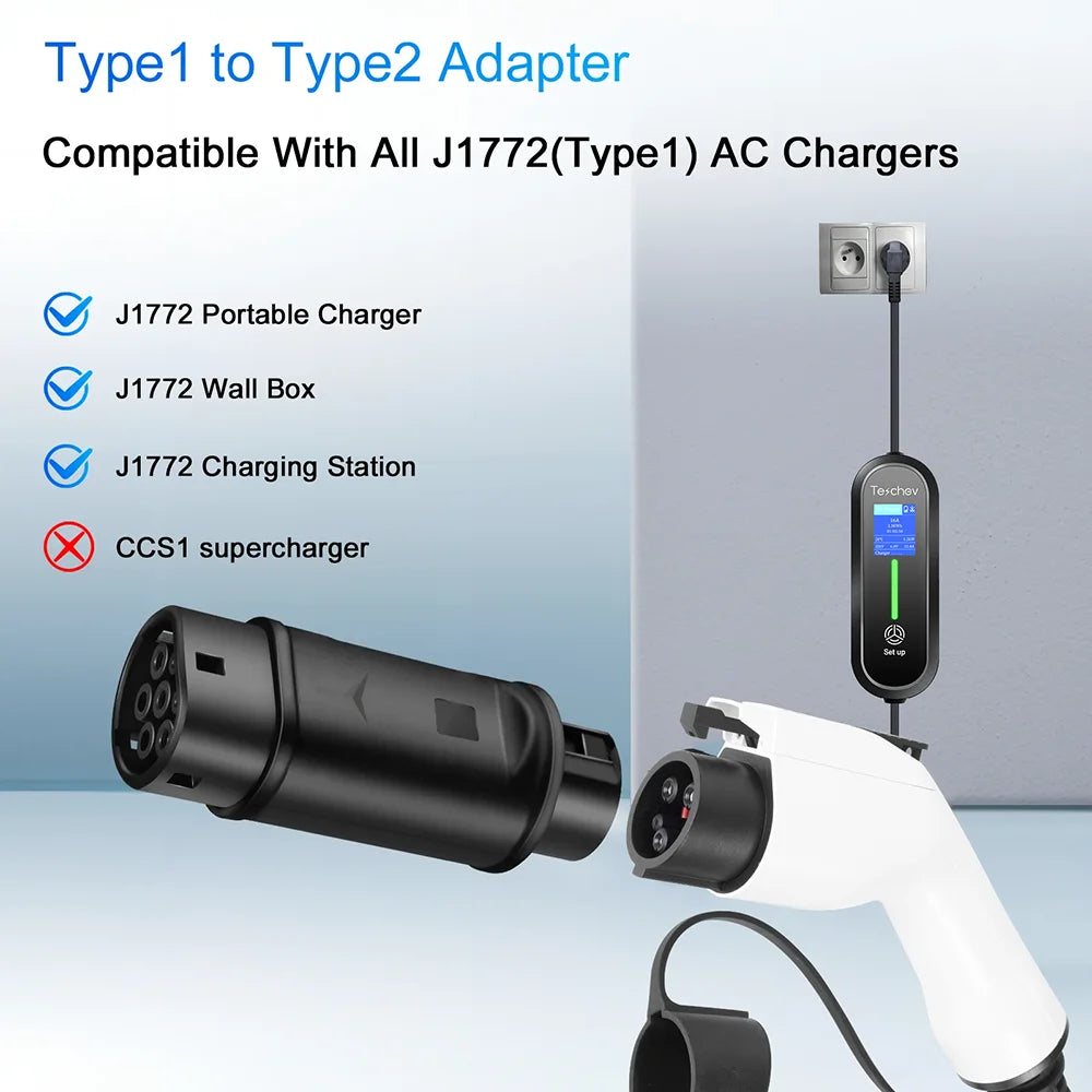 Adaptateur de Type 1 à Type 2, chargeur de véhicule électrique, adaptateur AC de Type 2 à Type 1, convertisseur de charge EVSE pour voitures électriques