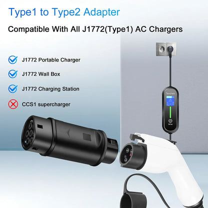Adaptateur de Type 1 à Type 2, chargeur de véhicule électrique, adaptateur AC de Type 2 à Type 1, convertisseur de charge EVSE pour voitures électriques