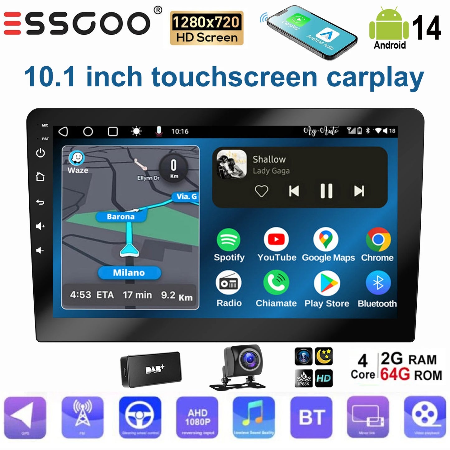 ESSGOO Écran Tactile 10.1 Pouces 2 DIN 2+64GB/4+64GB Autoradio Android 14 Carplay Sans Fil Android Auto GPS Navigation WiFi FM RDS Entrée Caméra Arrière Contrôle du Volant Mirror Link Bluetooth Écran Divisé USB