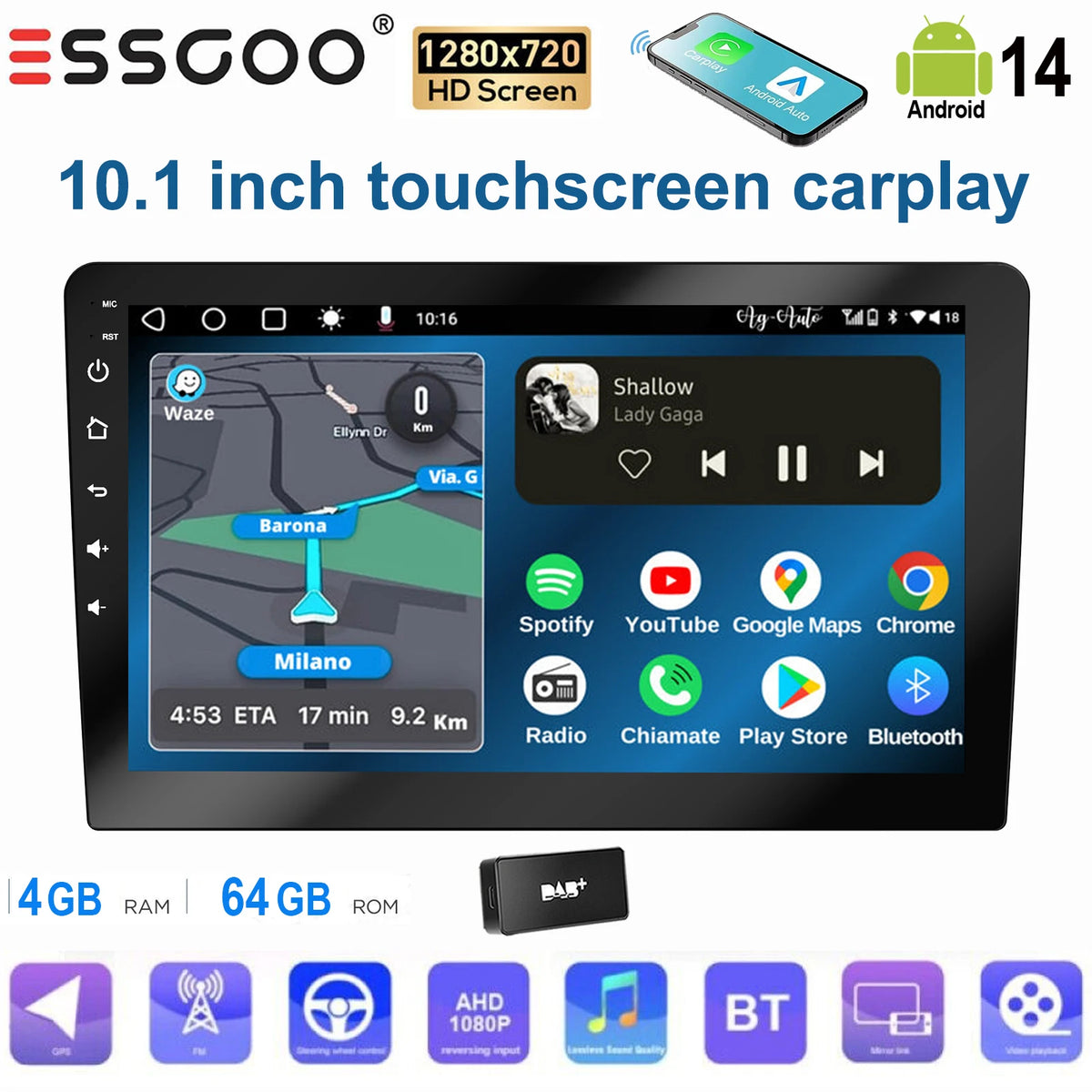 ESSGOO Écran Tactile 10.1 Pouces 2 DIN 2+64GB/4+64GB Autoradio Android 14 Carplay Sans Fil Android Auto GPS Navigation WiFi FM RDS Entrée Caméra Arrière Contrôle du Volant Mirror Link Bluetooth Écran Divisé USB