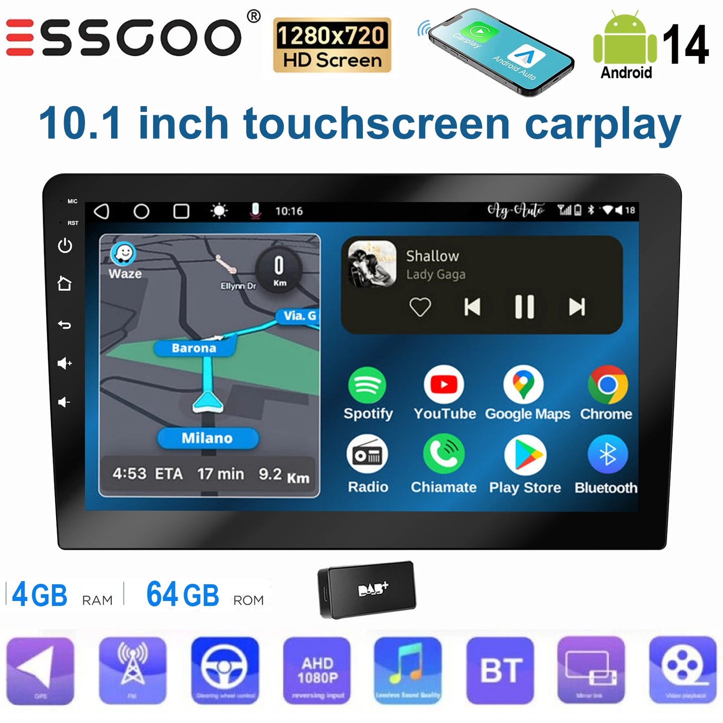 ESSGOO Écran Tactile 10.1 Pouces 2 DIN 2+64GB/4+64GB Autoradio Android 14 Carplay Sans Fil Android Auto GPS Navigation WiFi FM RDS Entrée Caméra Arrière Contrôle du Volant Mirror Link Bluetooth Écran Divisé USB