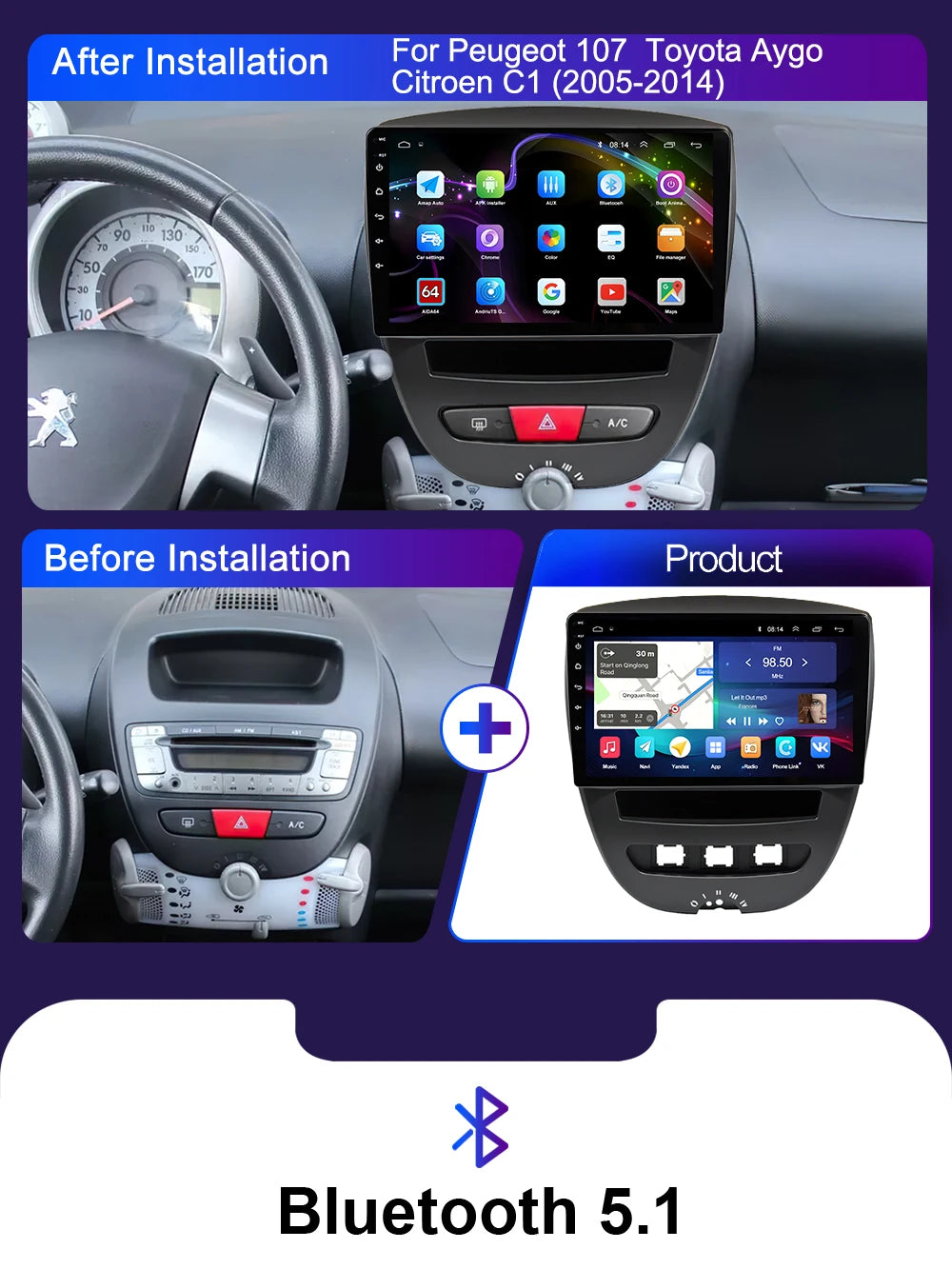 LEHX-Autoradio L6 Pro, Android 14, 2 Din, Stéréo, CarPlay, Limitation de Courant, GPS, pour Voiture KIT 107, Toyota Aygo, Cristaux en C1 (2005-2014)
