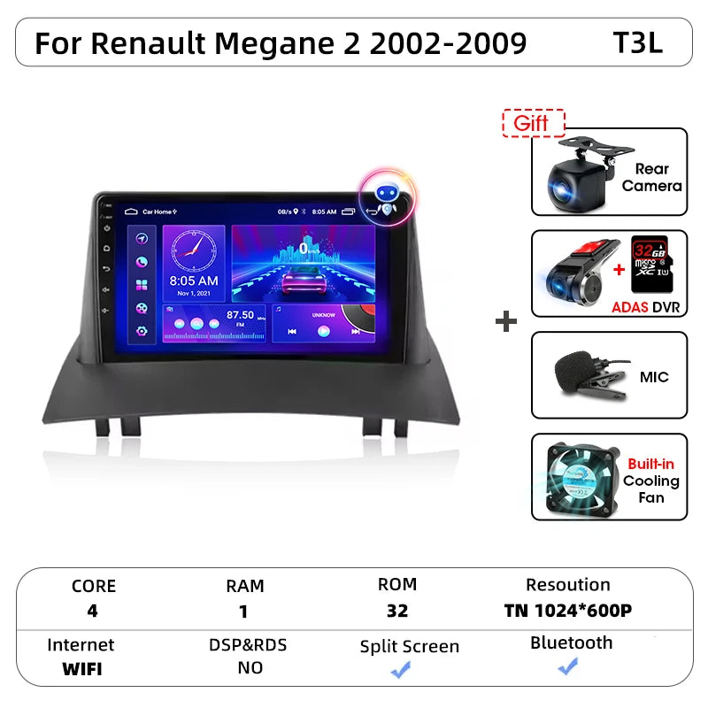 Android Carplay Auto pour Renault Megane 2 2002 2003 2004 2005 2006 2007 2008 2009 lecteur d'autoradio multimédia WIFI + 4G stéréo